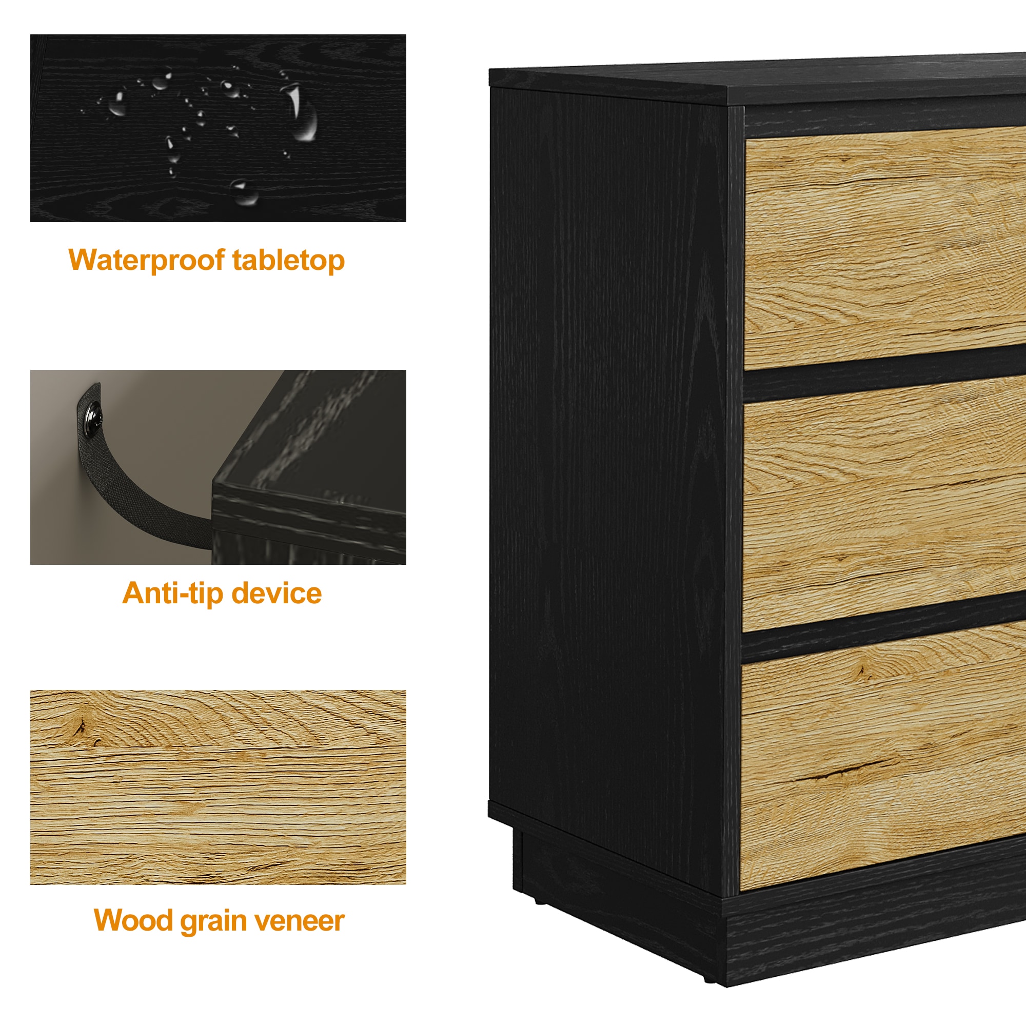 Wide Nightstand With 3 Drawers, Modern Chest Of Drawers For Bedroom, Large End Table With Hidden Pull-out System, Wooden Dresser For Living Room, Closet, Black And Wood_maomaolike.com